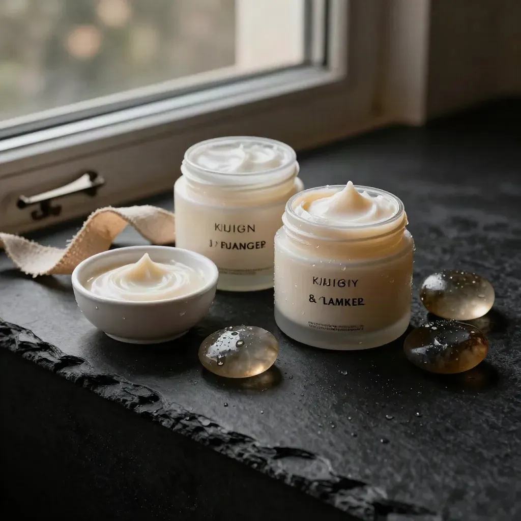 Two hydrating mask jars with a ceramic bowl, linen ribbon and glass pebble in a dark spa setup