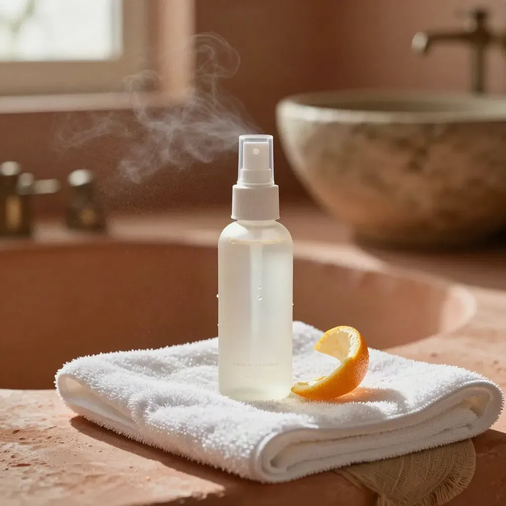 Vitamin C mist bottle on a damp towel with citrus peel and spray cloud in soft daylight