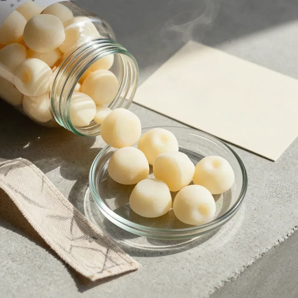 Overhead flatlay of a tipped collagen gummy jar, pale gummies, glass dish and linen ribbon.