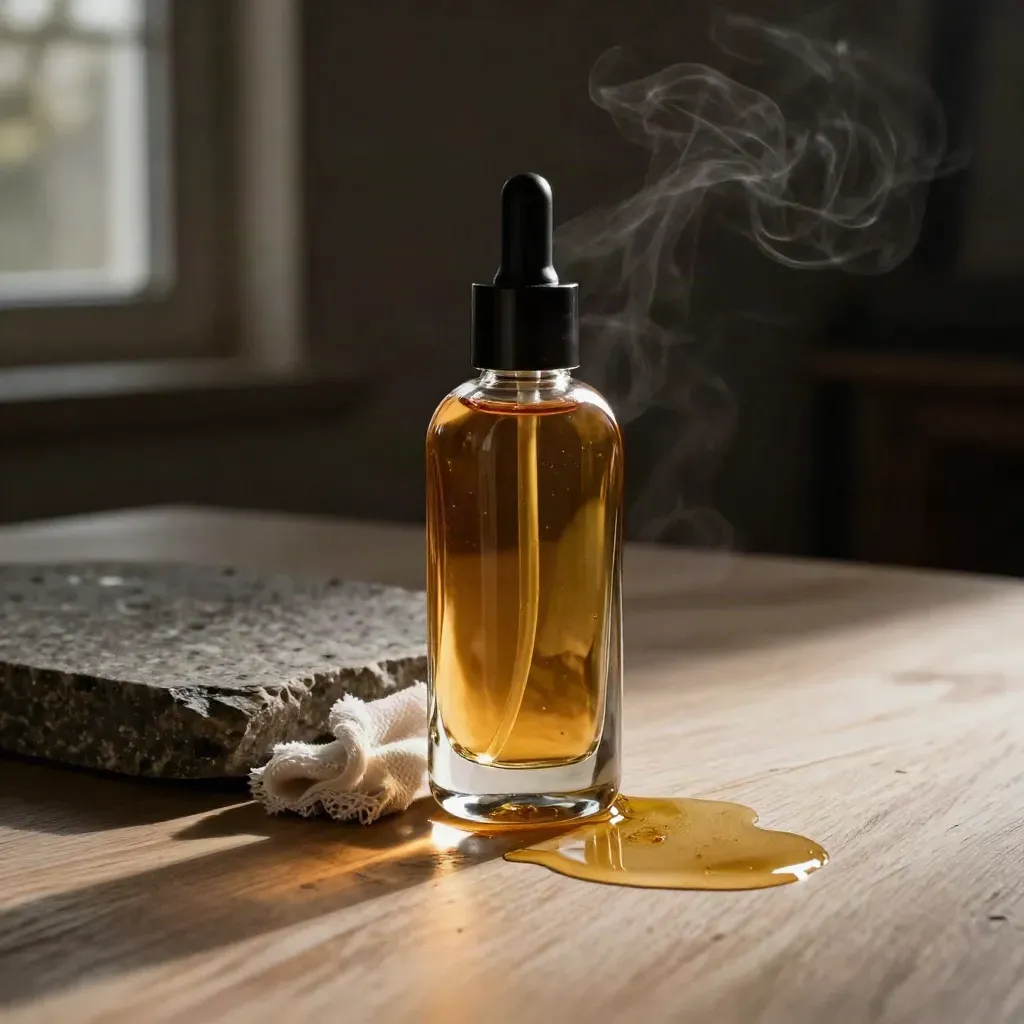 Unbranded amber body glow oil bottle on wood with stone, gauze, and a glossy oil trail.
