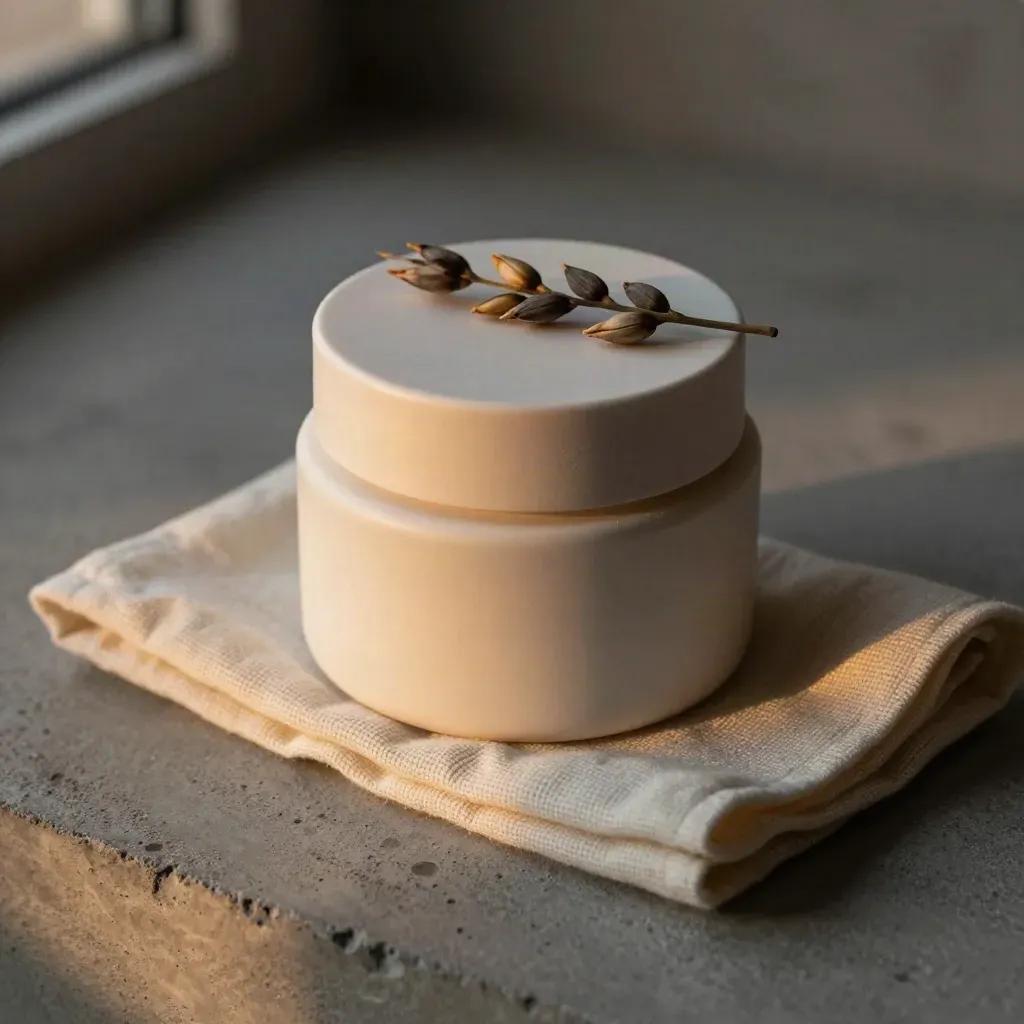 Night repair mask jar wrapped in cloth with a botanical sprig, lit in warm amber haze.