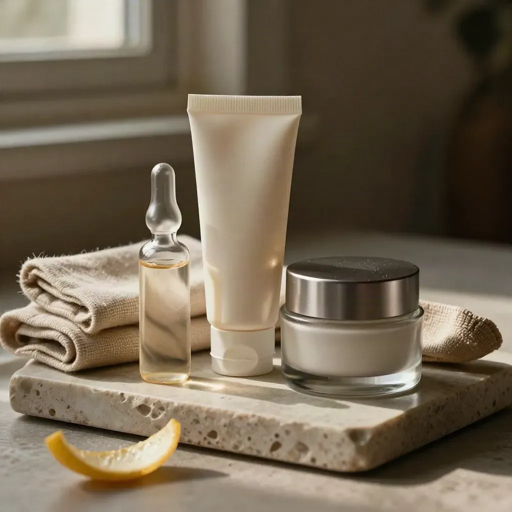 Four unbranded glow reset skincare pieces on stone with linen and citrus peel
