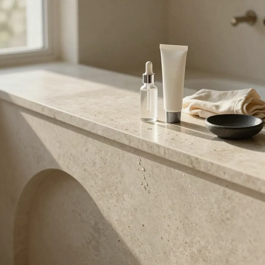 Travertine vanity ledge with serum vials, linen cloth, arch shadow and dew drops.