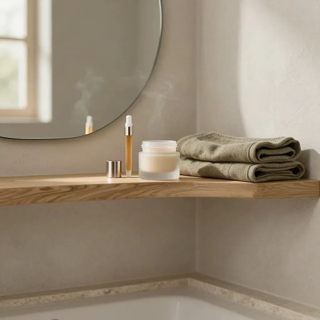 Steam-lit bathroom alcove with eye cream products on a pale wood shelf and oval mirror edge.