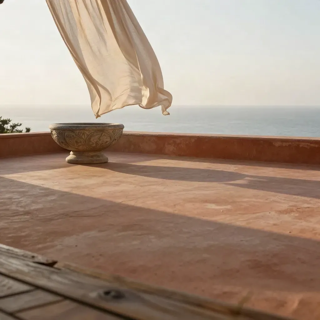 Oak spa terrace with stone basin and wind-lifted linen above a hazy waterline at golden hour.