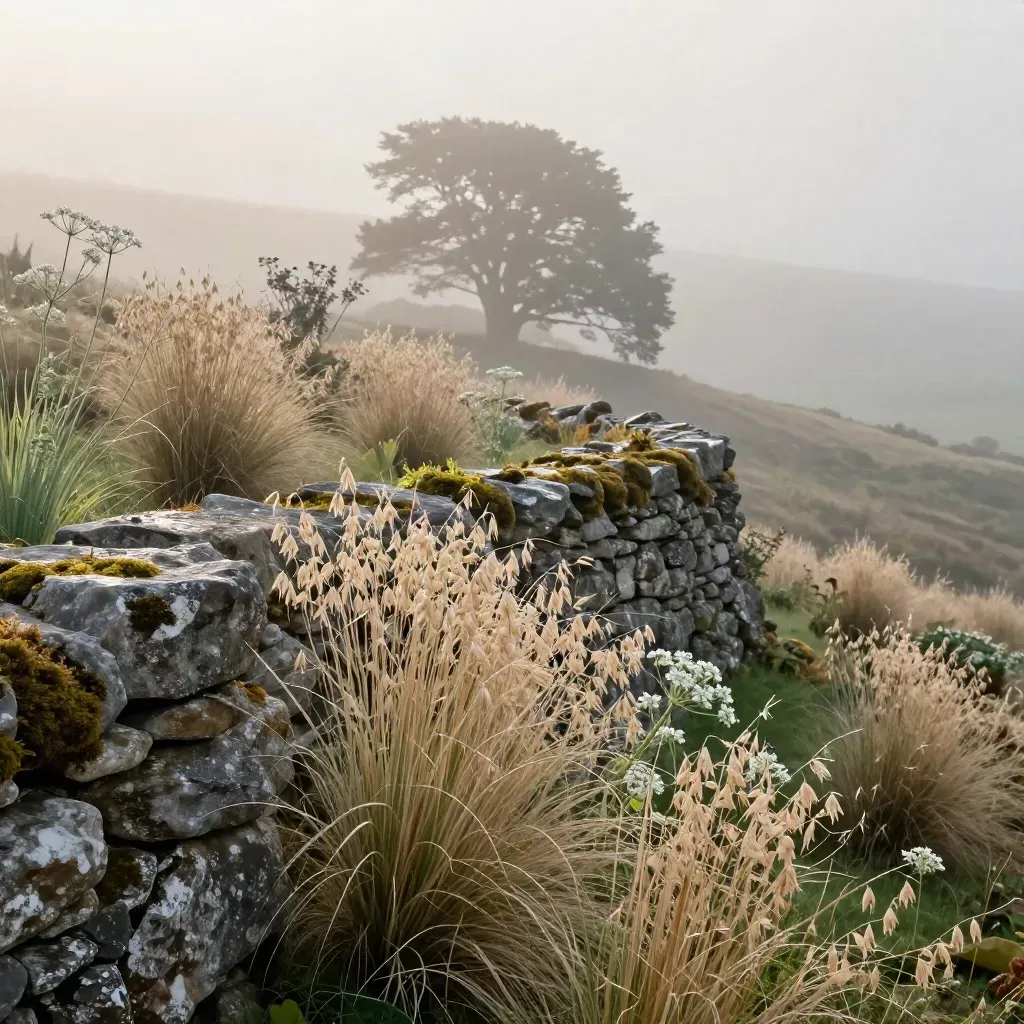 Misty cliffside garden with pale grasses, a low stone wall and a dark tree above a calm hazy foreground.
