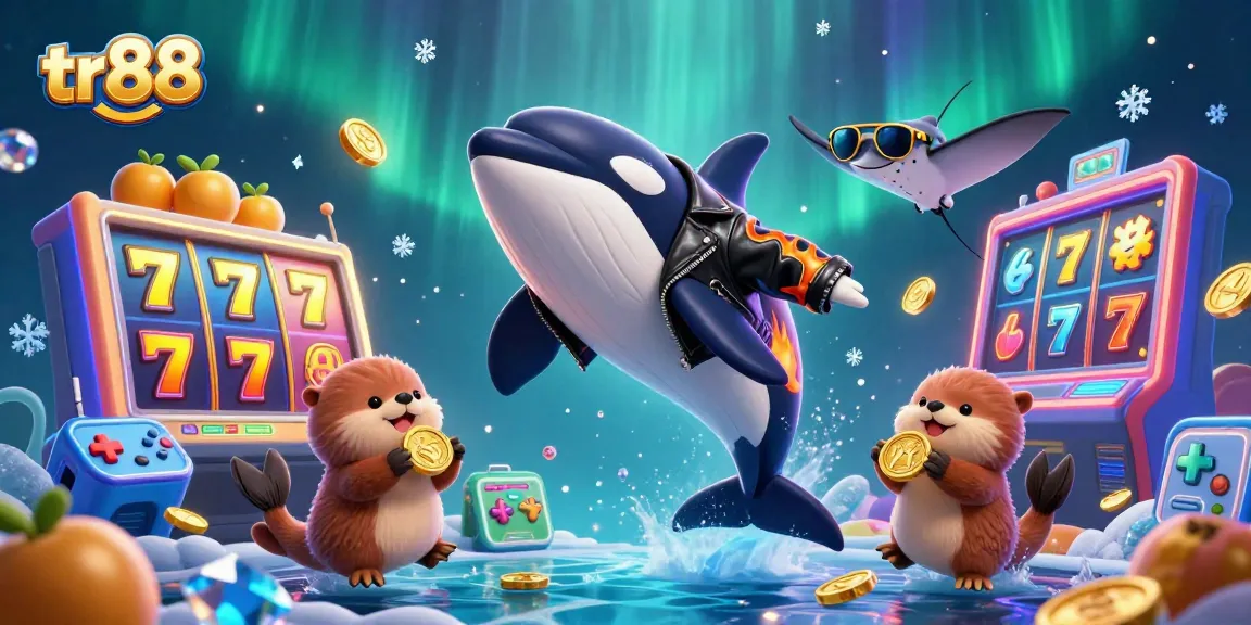 Experience thrilling fun at tr88 with an orca, stingray, and otters amid colorful casino games.