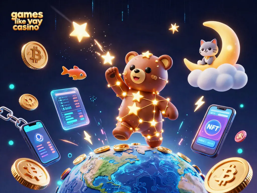Play exciting games like yay casino with this vibrant 3D illustration featuring virtual coins and fun characters.