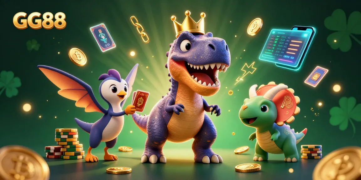 Experience thrilling gaming action at GG88 as a T-Rex shuffles cards amidst vibrant casino elements.