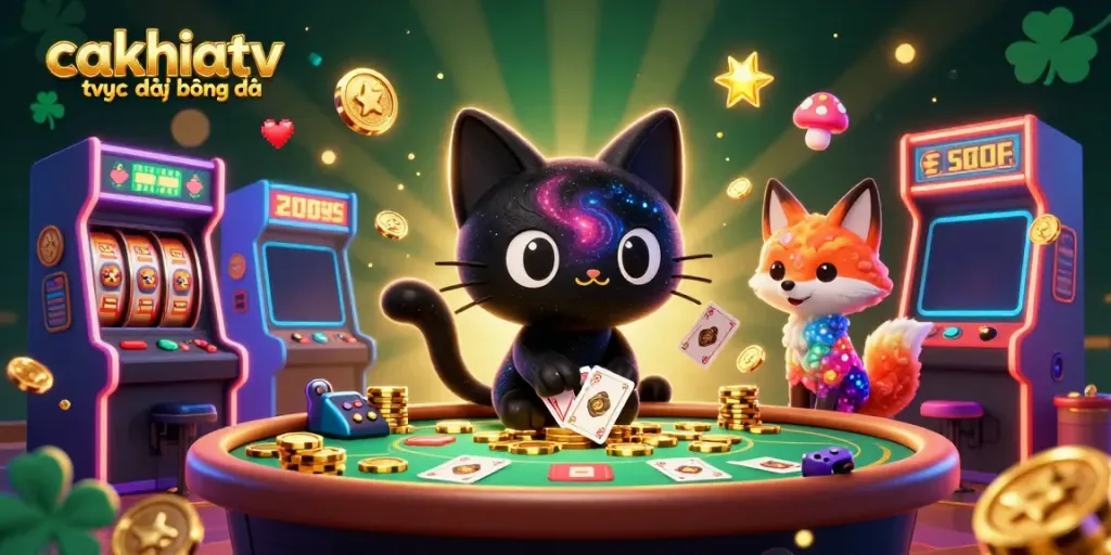 Experience cakhiatv trực tiếp bóng đá with a vibrant casino scene featuring a black hole cat pulling in chips.