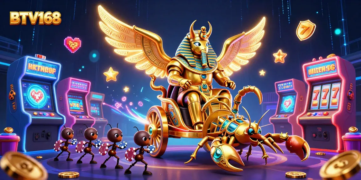 BTV168's vibrant casino adventure with golden scarab, scorpions, and arcade machines.