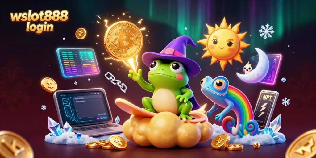 Gabung wslot888 login untuk pengalaman kasino dengan karakter 3D penyihir dan chameleon yang dinamis.