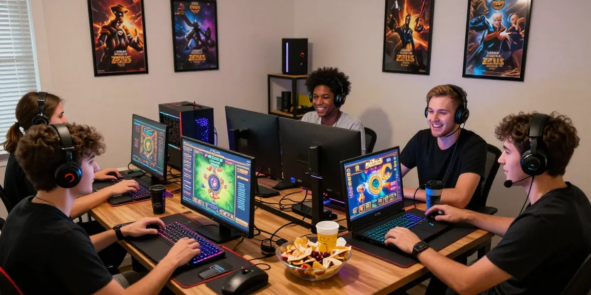 Excited players enjoying Slot Zeus games in a vibrant gaming setting.