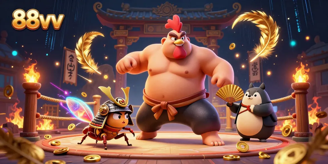 Experience the lively gaming scene with 88vv as the sumo rooster and samurai cricket engage in an epic showdown.