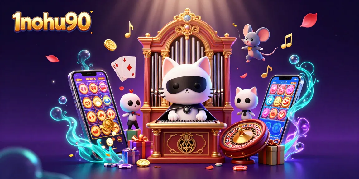 Engage with exciting casino experiences at 1nohu90, featuring a vibrant illustration of slot games and lucky symbols.