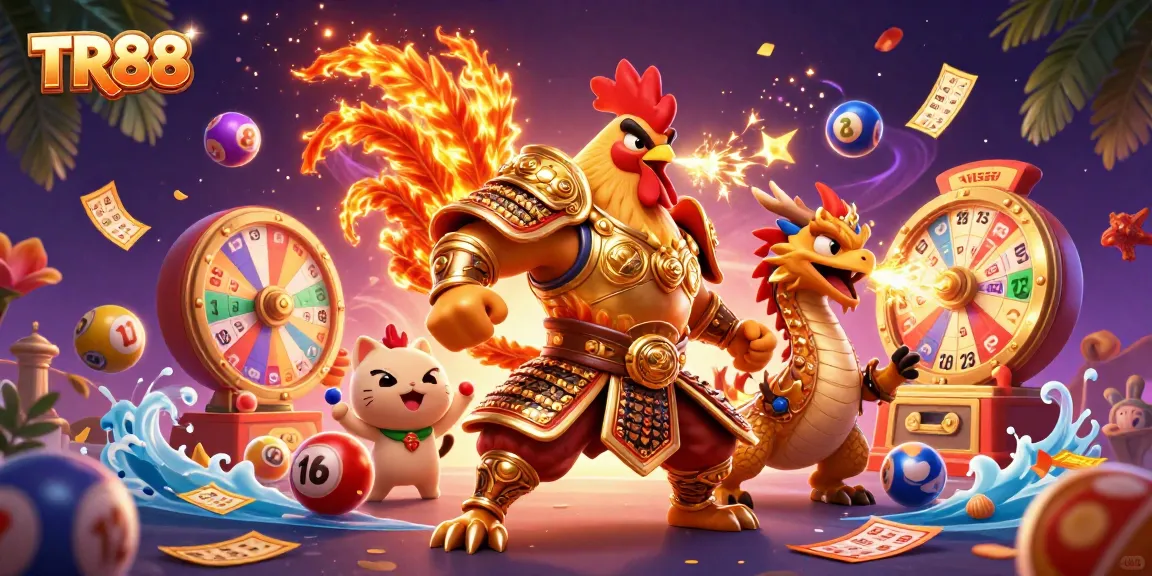 Experience epic gaming action with TR88's fighting rooster and dragon in a vibrant 3D casino scene.