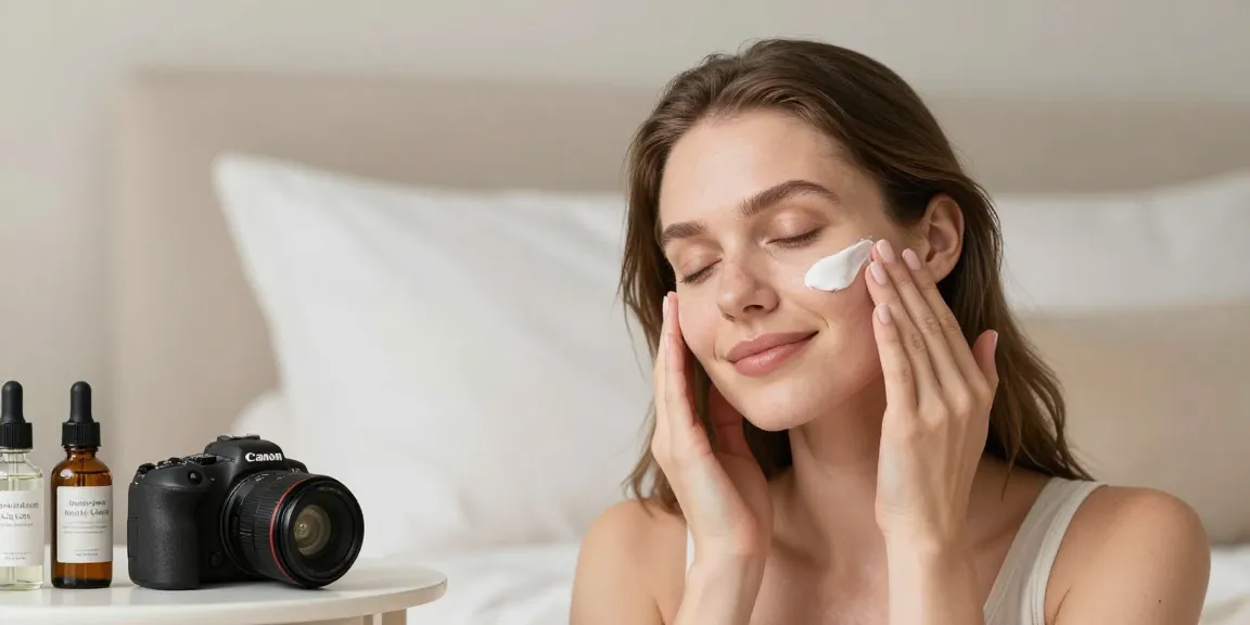 Woman applying zinc oxide night crème in a cozy bedroom, promoting skincare routine.