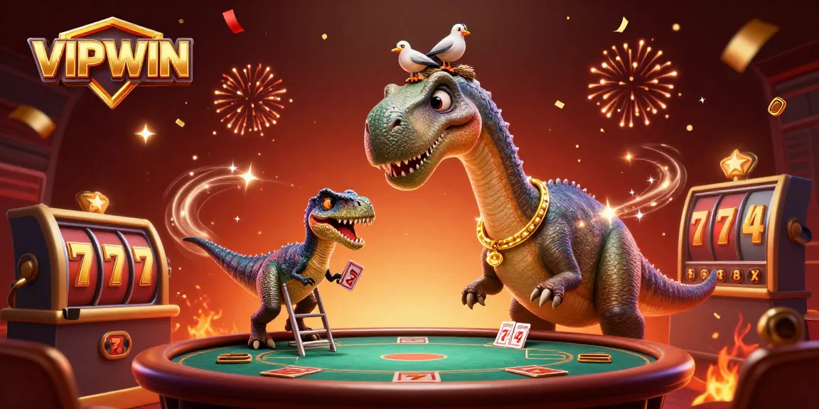 Experience the excitement at VIPWIN as a giant dinosaur peers over a lively casino scene with slots and cards.