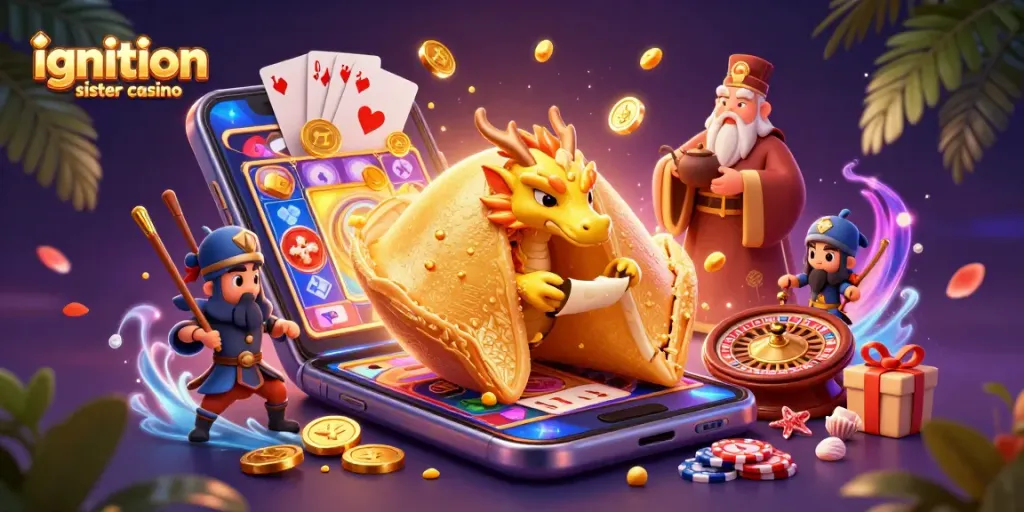 Engage with the ignition sister casino experience shown in a vibrant 3D scene of gaming excitement, featuring a wise dragon and golden treasures.