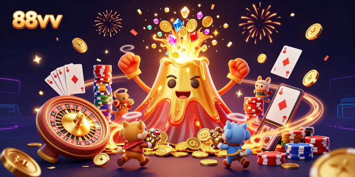 88vv showcases a vibrant gaming scene with a triumphant golden volcano erupting coins, gems, and animals.
