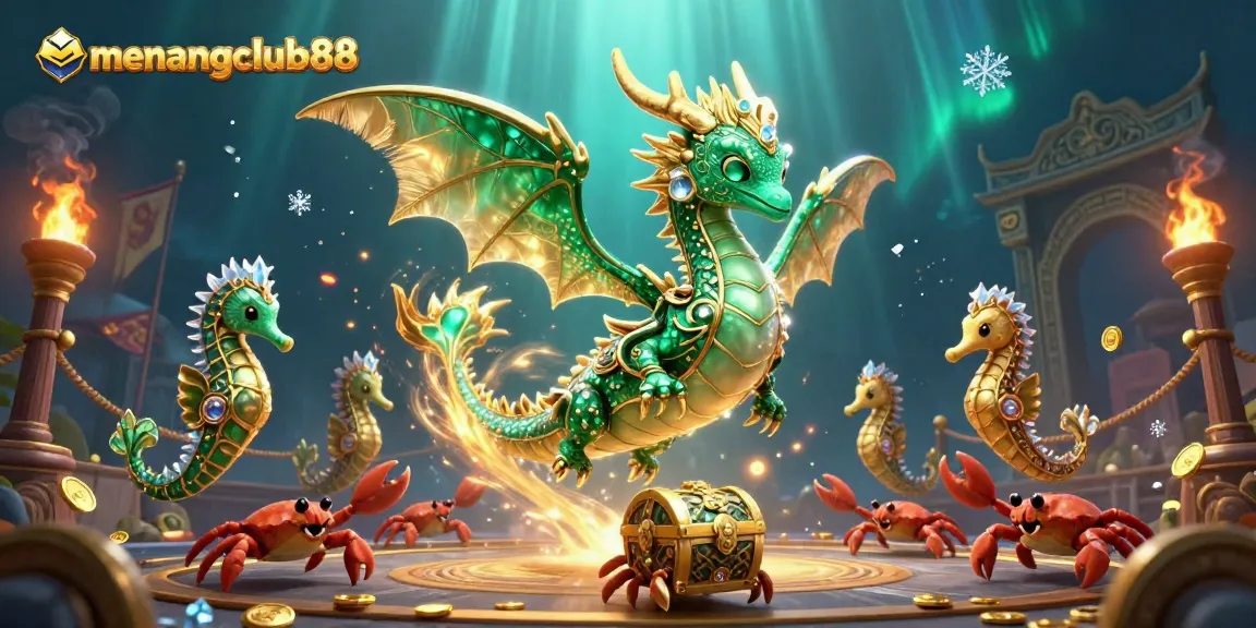 Engage in thrilling gambling with menangclub88, a vibrant 3D scene featuring a dragon and guard.