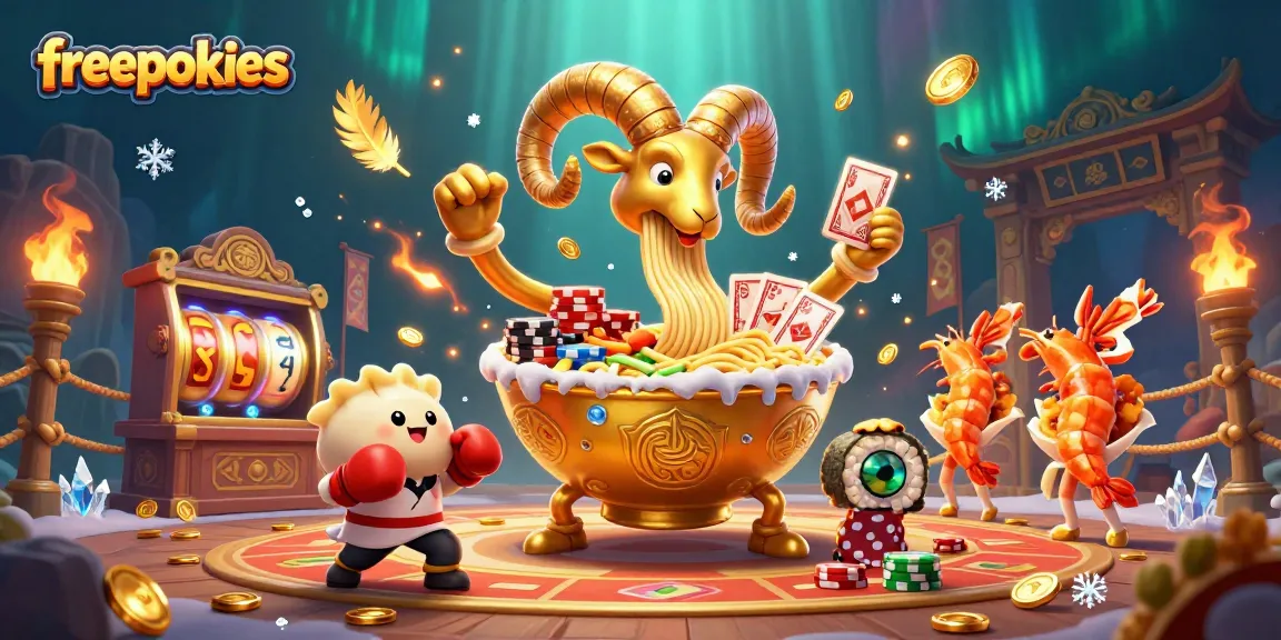 Experience freepokies excitement with a giant ramen bowl as the dealer in a colorful 3D illustration.