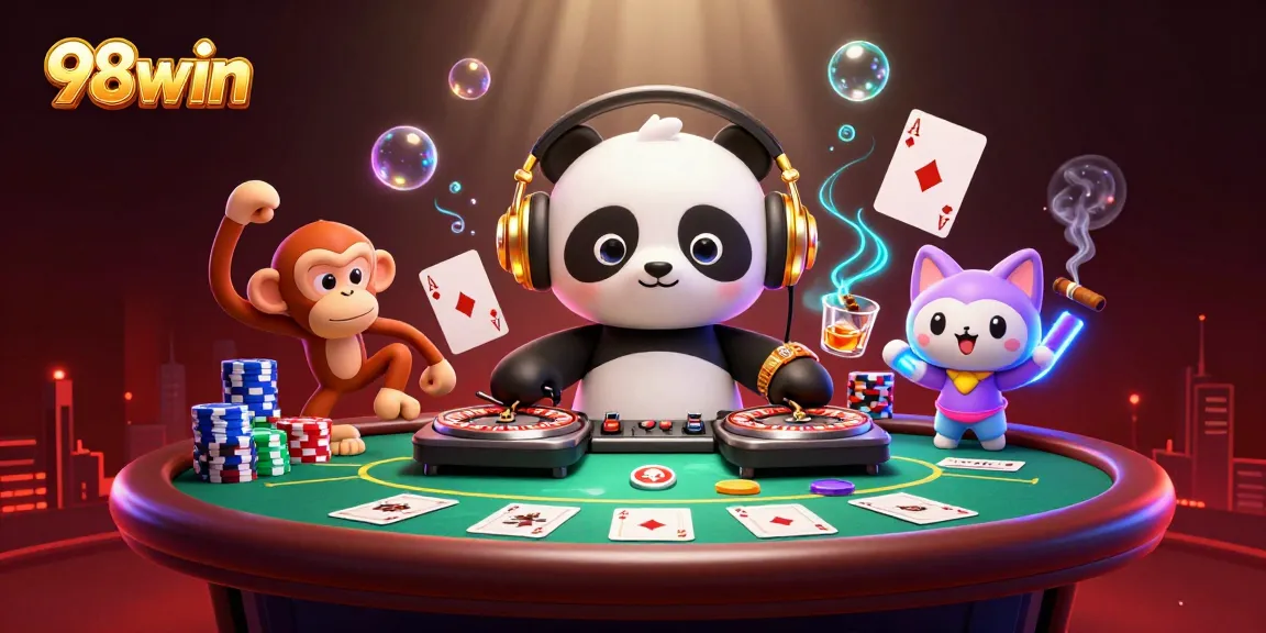 Dive into 98win's thrilling gaming experience with a vibrant 3D casino illustration filled with excitement and action.