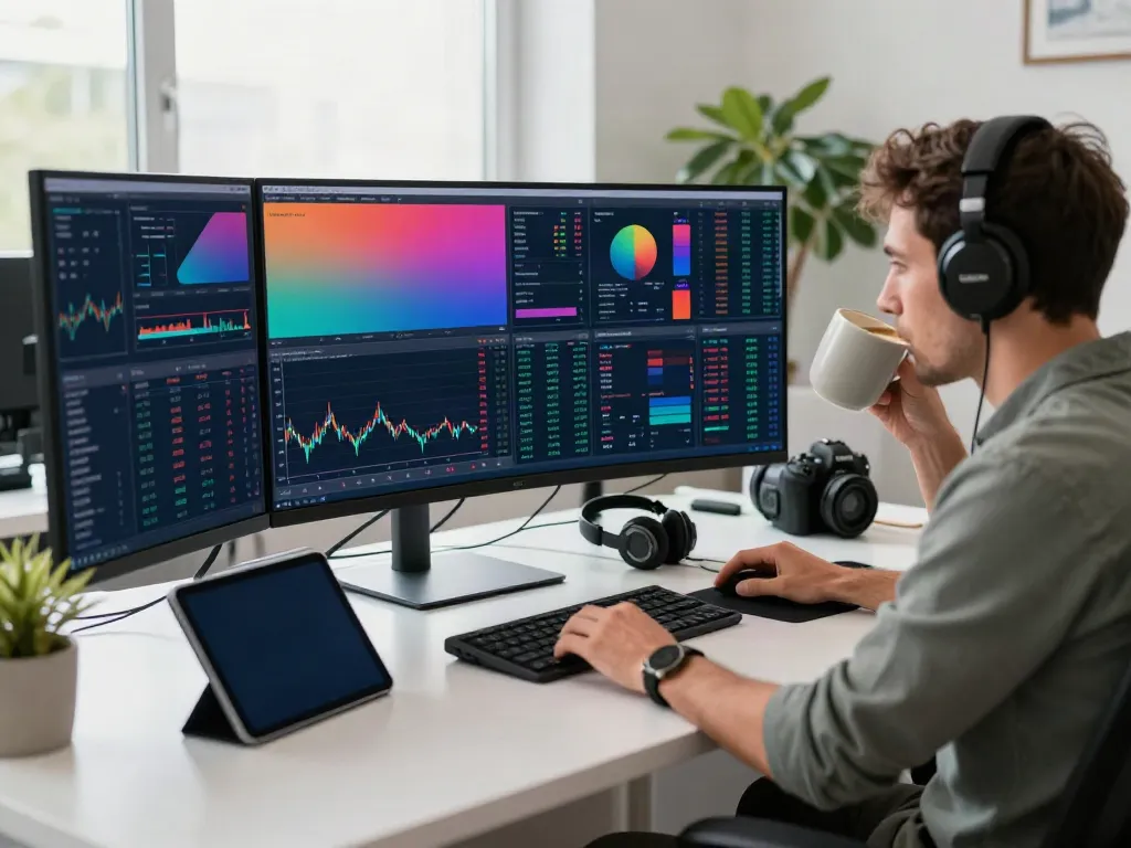 Trader using tradingview官网 for analysis in a modern office.
