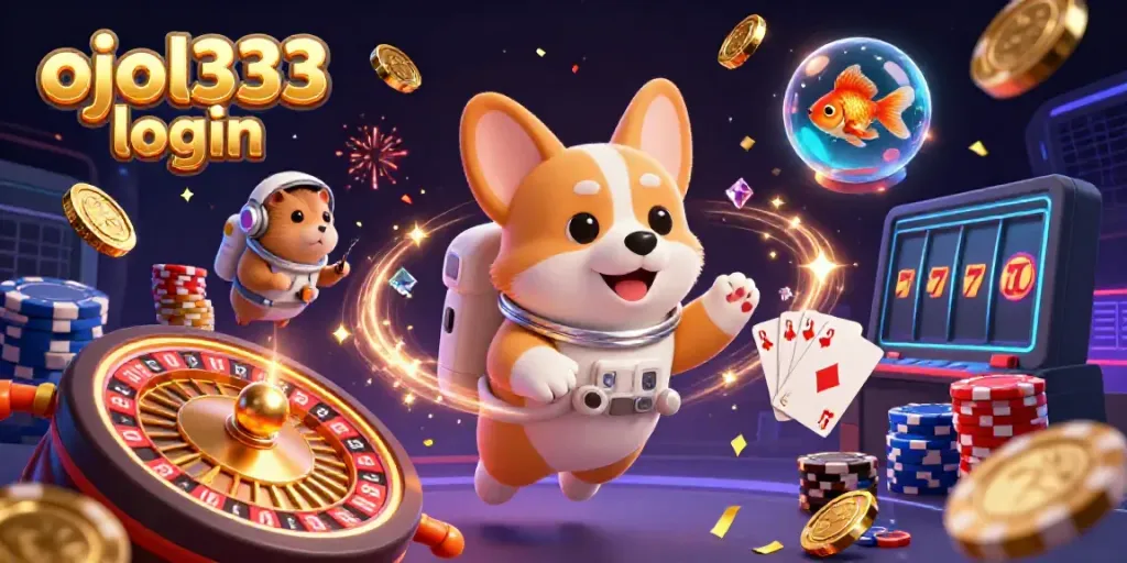 Experience the adventure of ojol333 login with this vibrant illustration of an astronaut corgi in a space casino.