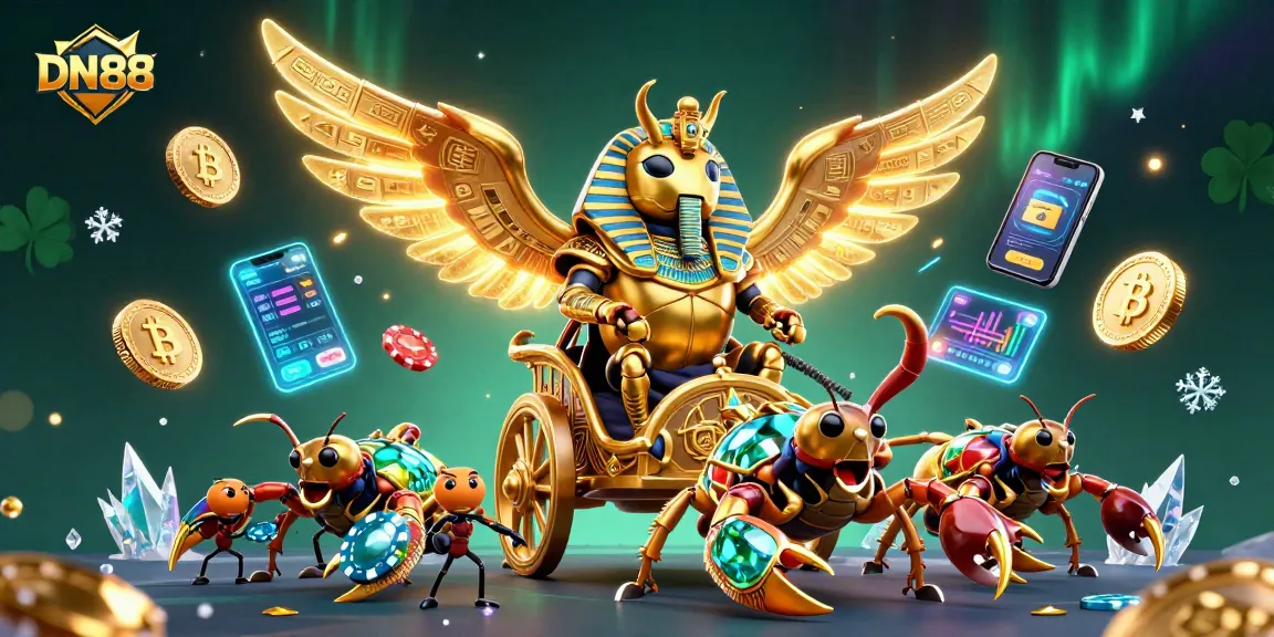 Experience thrilling gambling action at DN88 with a vibrant 3D illustration of a colossal scarab and treasure elements.