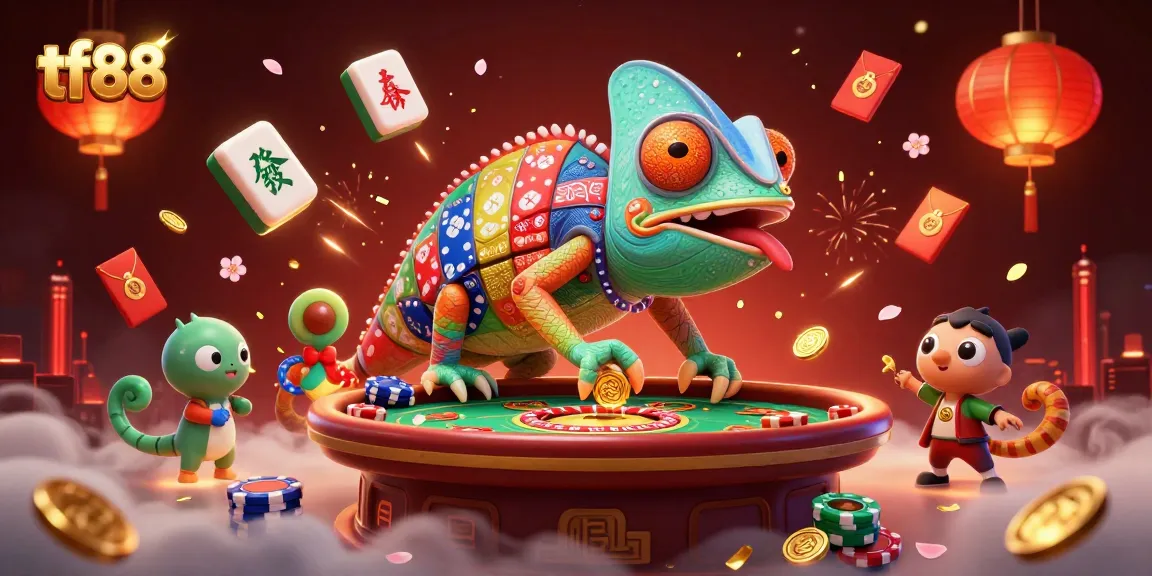 Experience the vibrant action at tf88 with a colourful chameleon casino owner amidst dynamic gaming elements.