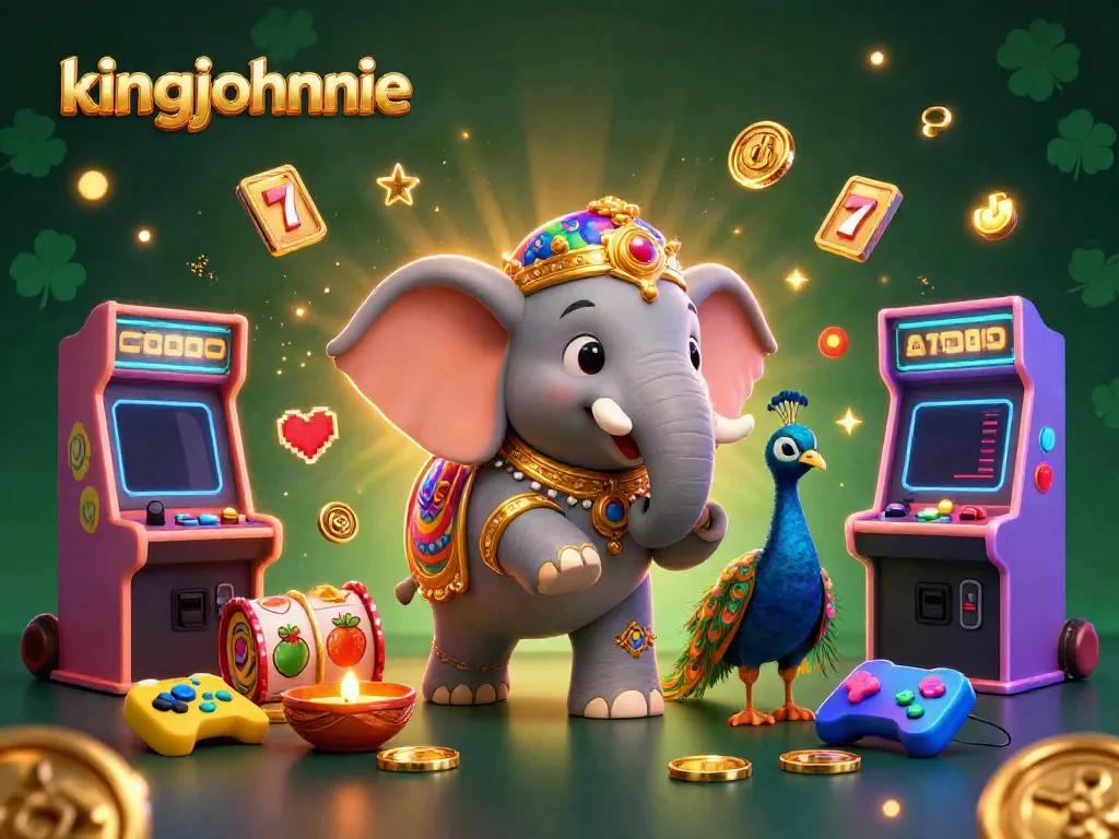 Experience thrilling spins with kingjohnnie's vibrant casino scene featuring dynamic games and festive characters.
