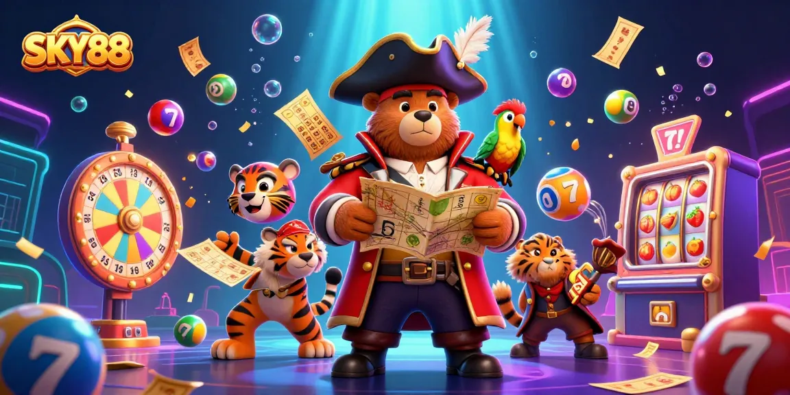 Engage with SKY88's vibrant 3D casino scene showcasing exciting lottery elements and animated characters.