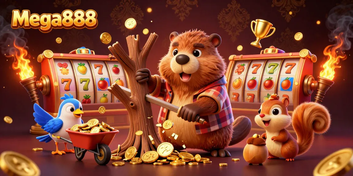 Experience mega888 thrills with a beaver jackpot scene featuring gold coins raining in a dynamic casino atmosphere.
