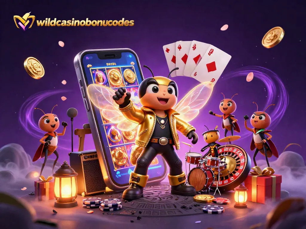 Engage with wildcasinobonuscodes through vibrant casino-themed scenes featuring a cicada rock star.