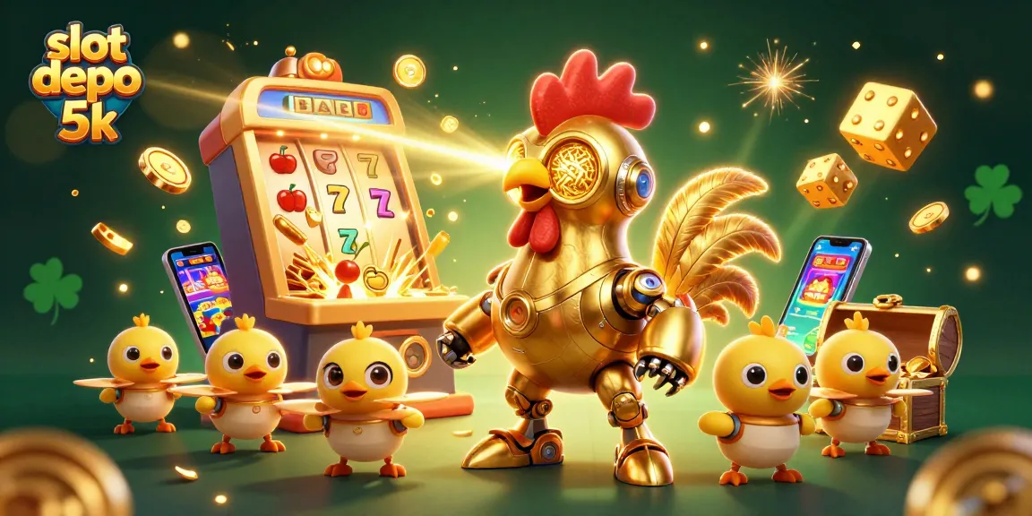 Menangkan jackpot di slot depo 5k dengan karakter robot ayam emas dan simbol kasino yang mencolok.