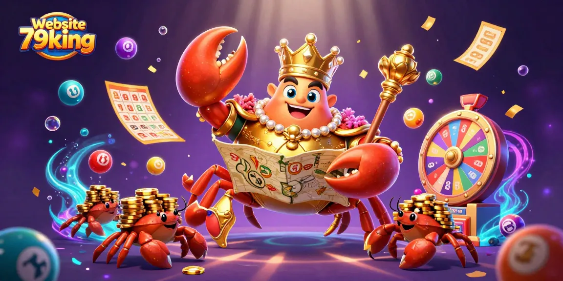 Exciting lottery action at website 79king shows a golden crab emperor amid colorful balls and golden prizes.