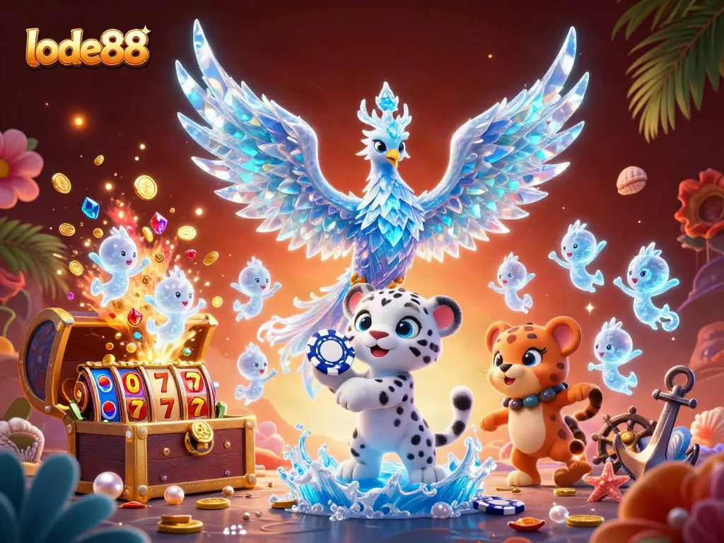 Experience exciting slots at lode88 with a magical 3D phoenix and a snow leopard in a casino scene.