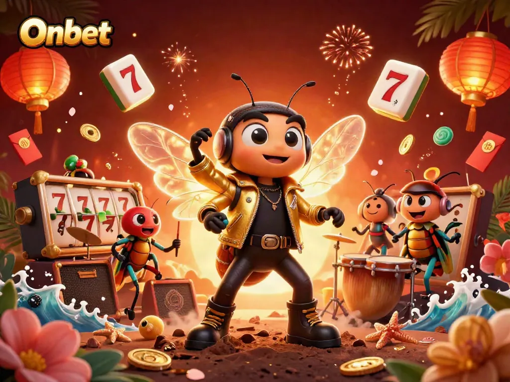 Experience Onbet with a vibrant 3D casino scene showcasing a rock star cicada and festive elements.