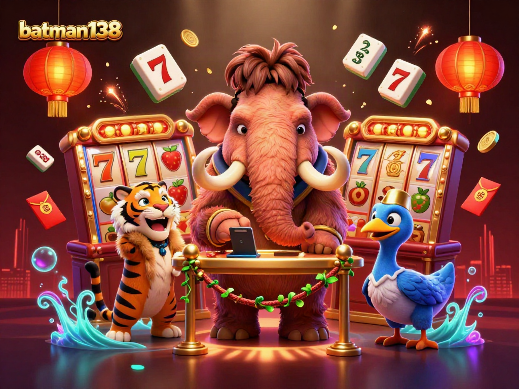 Win big with batman138 at this vibrant casino scene featuring cartoon characters and slot reels.