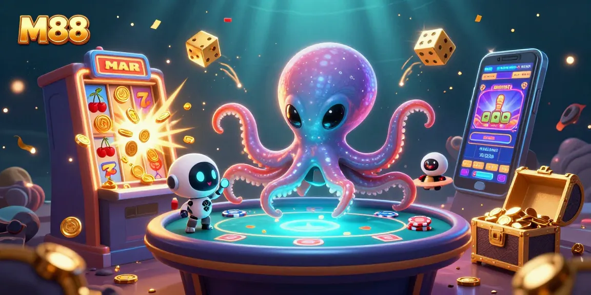 Engage with M88 at a dynamic poker scene featuring an alien octopus, vibrant casino elements, and jackpot excitement.