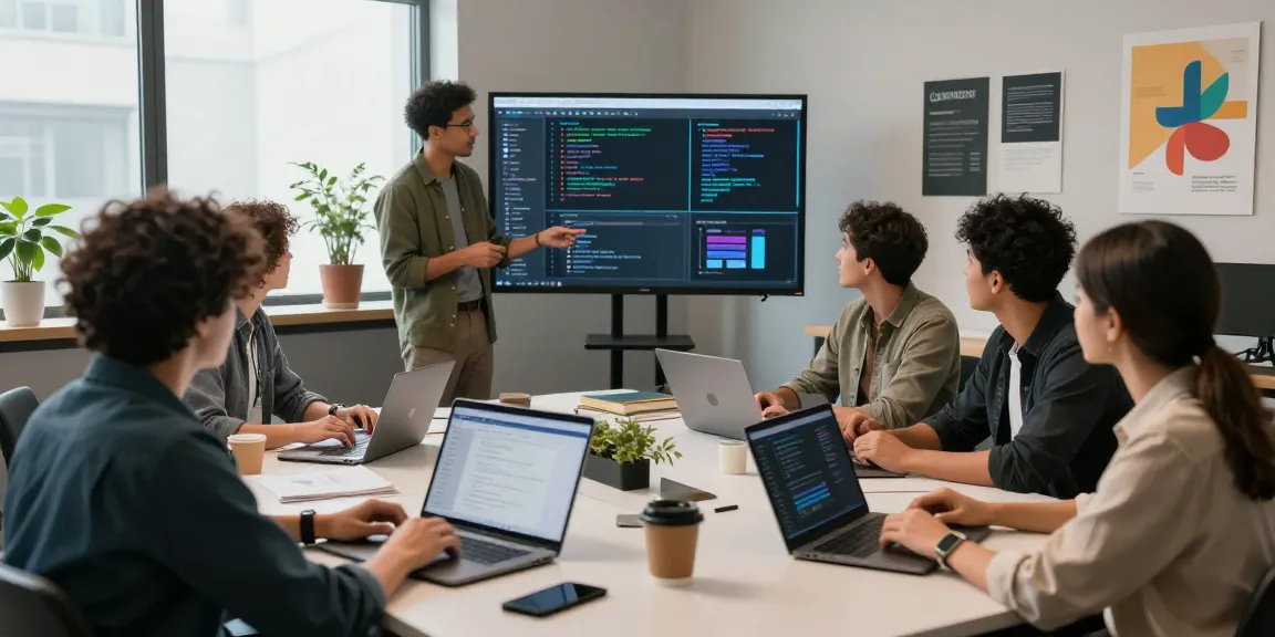 Build internal tools with AI in a collaborative workspace, showcasing a diverse team discussing digital mockups and code.