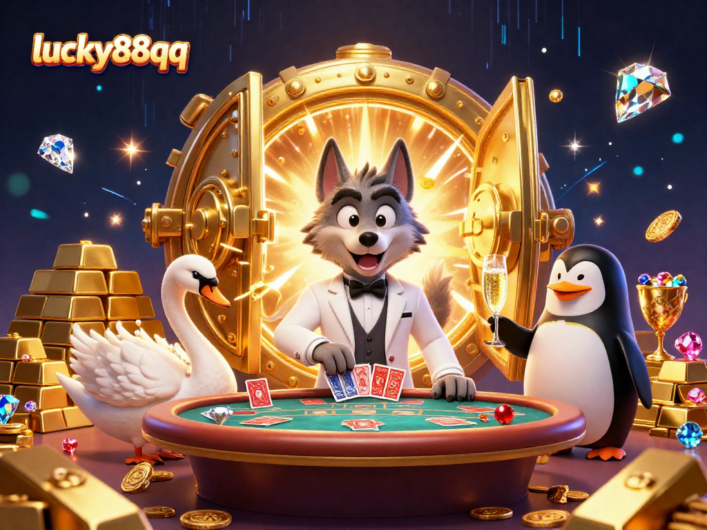 Experience thrilling baccarat action with lucky88qq featuring a debonair wolf dealer at a vibrant casino.