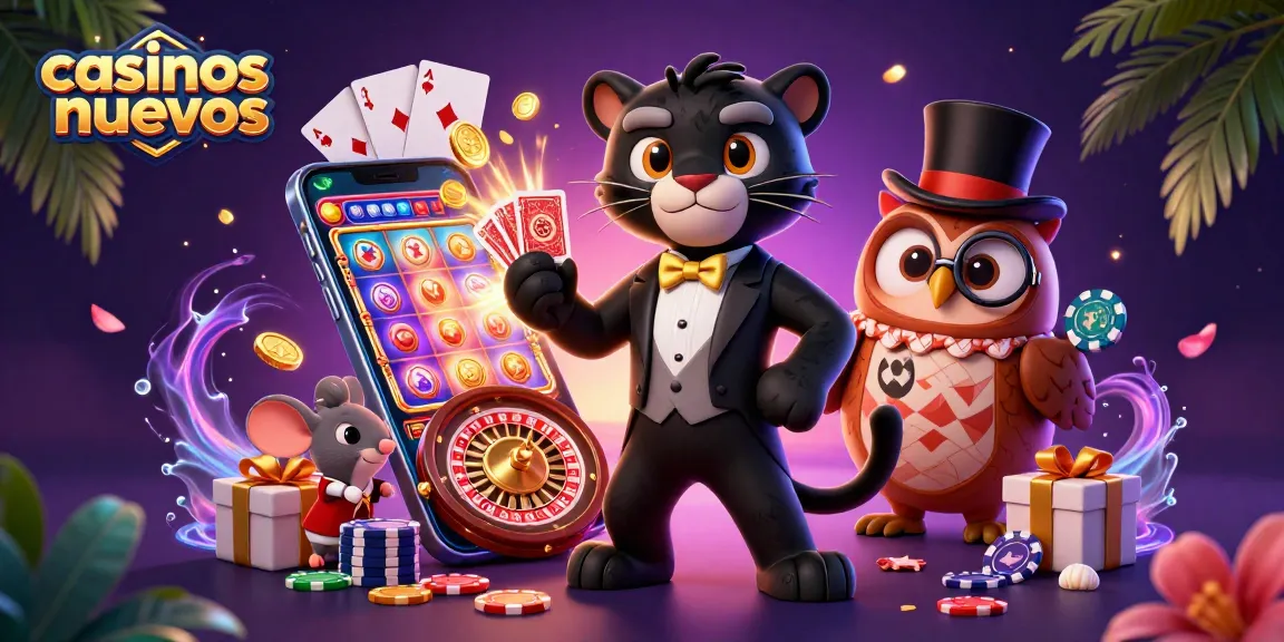 Disfruta de los casinos nuevos mientras una elegante pantera negra reparte cartas, acompañada de un búho y un ratón afortunado.