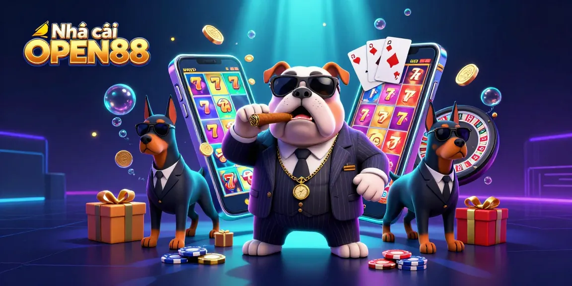 Play exciting games with Nhà cái OPEN88’s vibrant 3D casino scene featuring slot reels and poker chips.