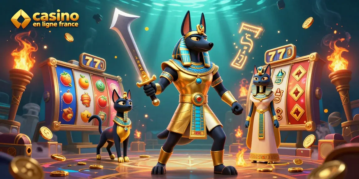 Plongez dans l'univers des jeux avec cette scène animée de casino en ligne France, mettant en avant Anubis et Bastet.