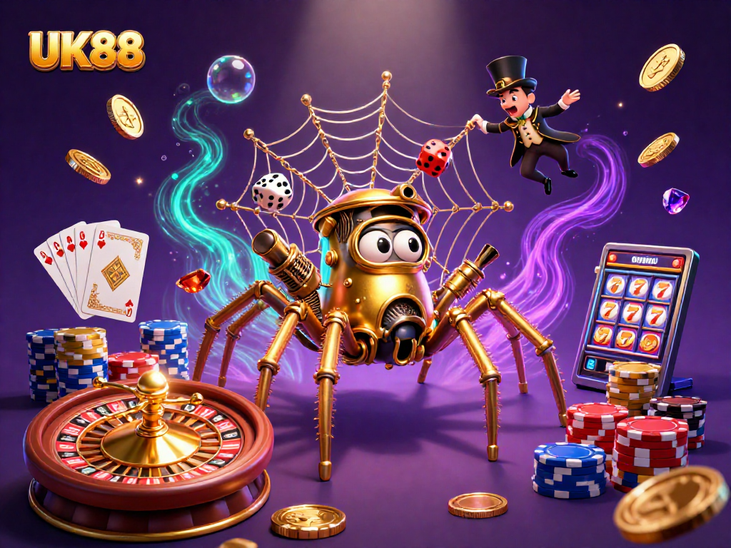 Experience thrilling gameplay at UK88 with a whimsical 3D steampunk-themed casino illustration.