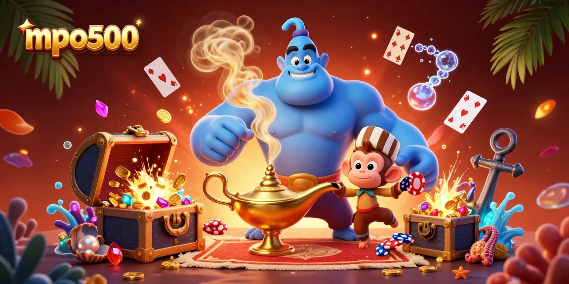 Engage in the mpo500 experience with vibrant chips and dynamic characters amidst a treasure-filled backdrop.