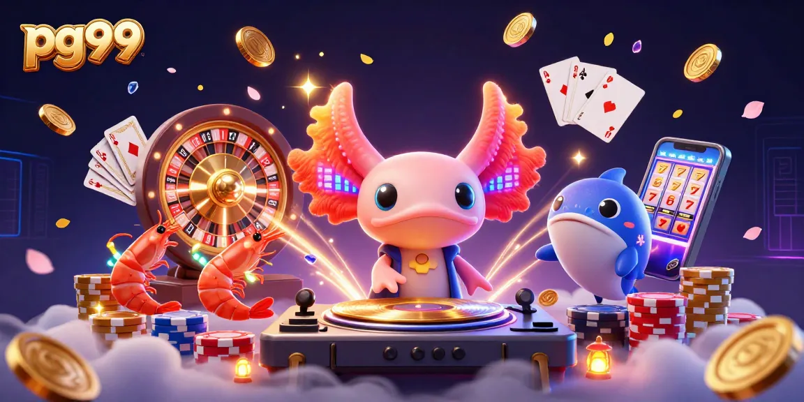 Engage with pg99's vibrant casino atmosphere, featuring a DJ axolotl and animated characters celebrating luck.