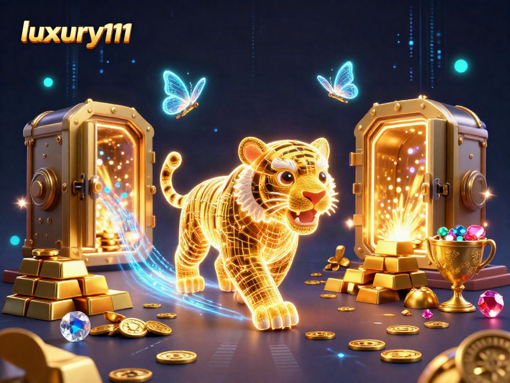 Engage in luxury111 casino excitement with a neon-wireframe tiger amidst gold treasures.